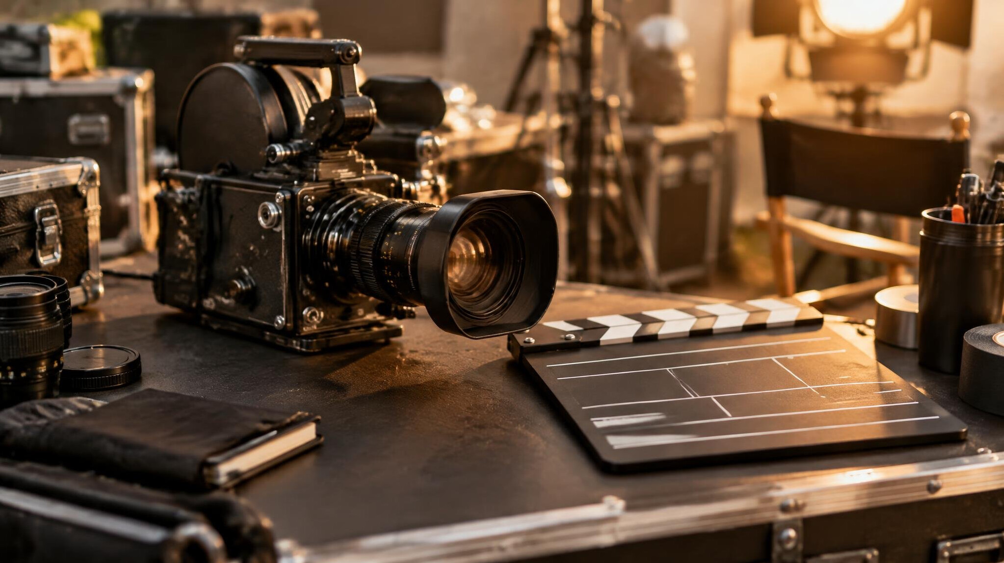 Film camera and clapperboard on a production set