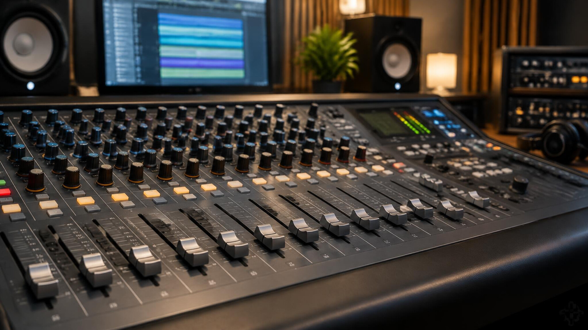 Sound mixer with sliders in a studio