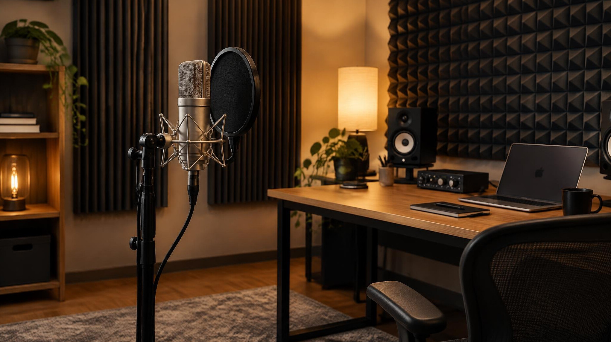 Recording studio with microphone and acoustic panels
