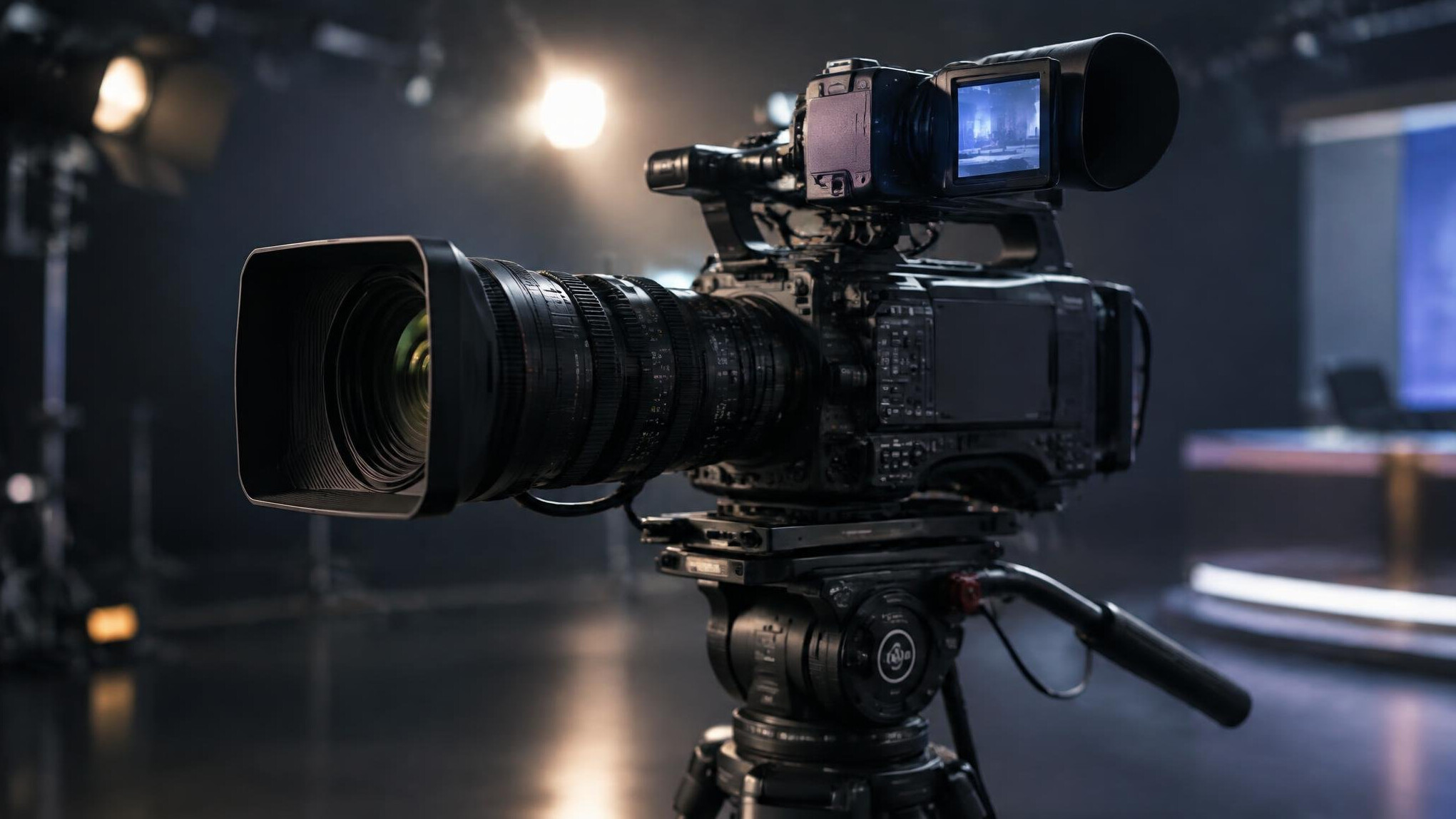 Professional video camera on a tripod in a studio