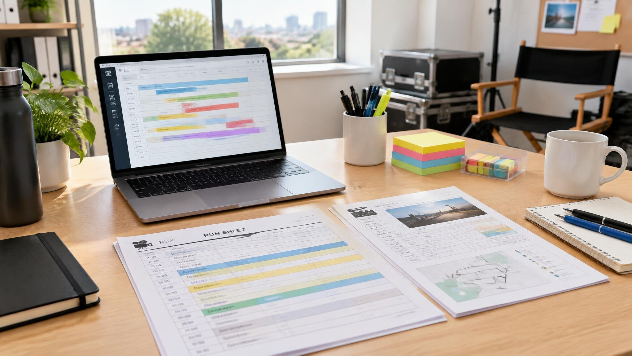 Production planning desk with notes and laptop
